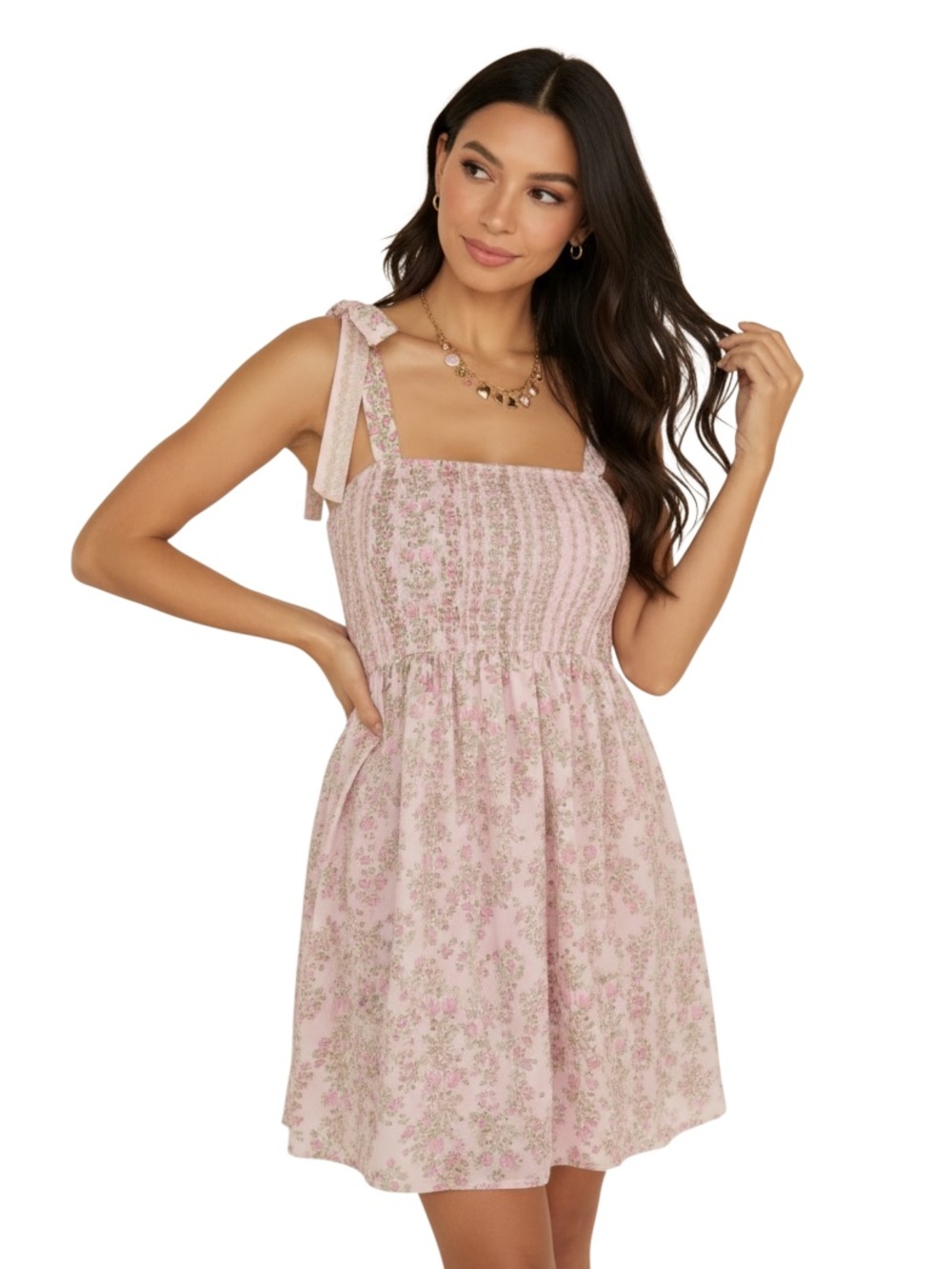 Francesca’s Pink Floral Smocked Tie Strap Mini Dress Size S
